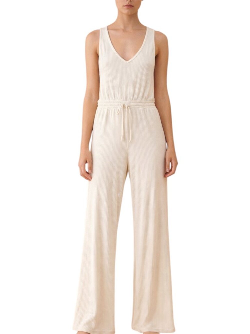 Beyond Yoga Jetsetter Ivory Cream Sleeveless V Neck Flare Jumpsuit Size S